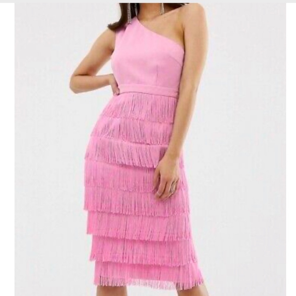 Lavish Alice Pink One-Shoulder Fringe Midi Dress
